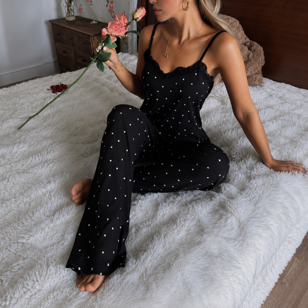 Casual Ribbed Lace Cami And Long Pants Sleepwear Set For Women