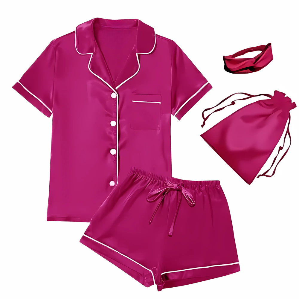  4 Pieces Women Satin Floral Pajama Set Short Sleeve Sleepwear