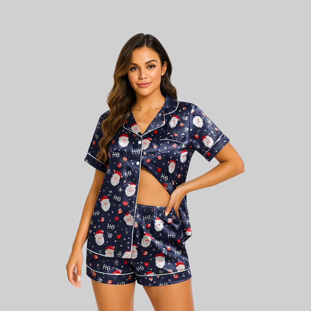 Christmas Silk Pajamas Women Short Sleeve Satin Button Down Set