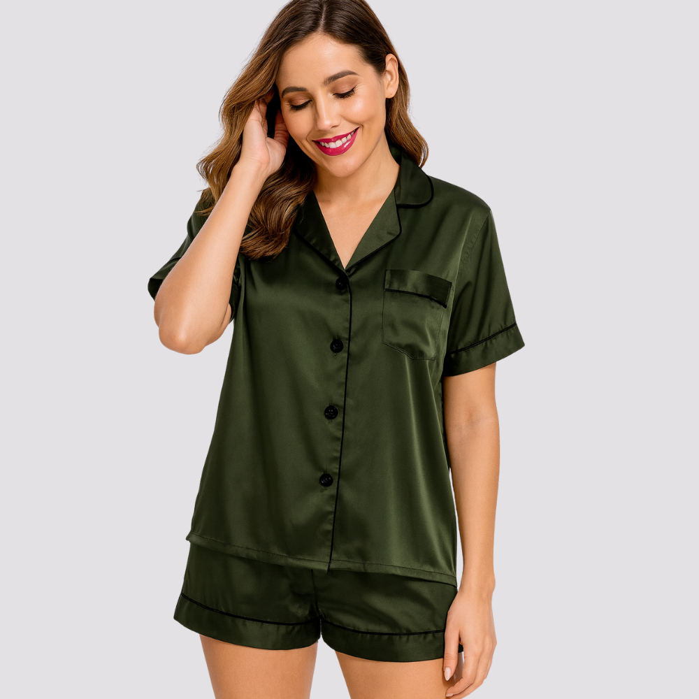 Womens Silk Satin Pajamas Short Sleeve Button Down Set