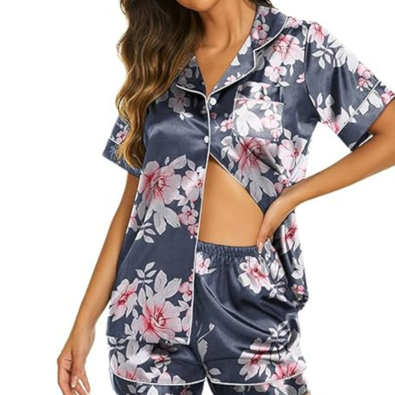 Satin Short Sleeve Button Down Shorts Set