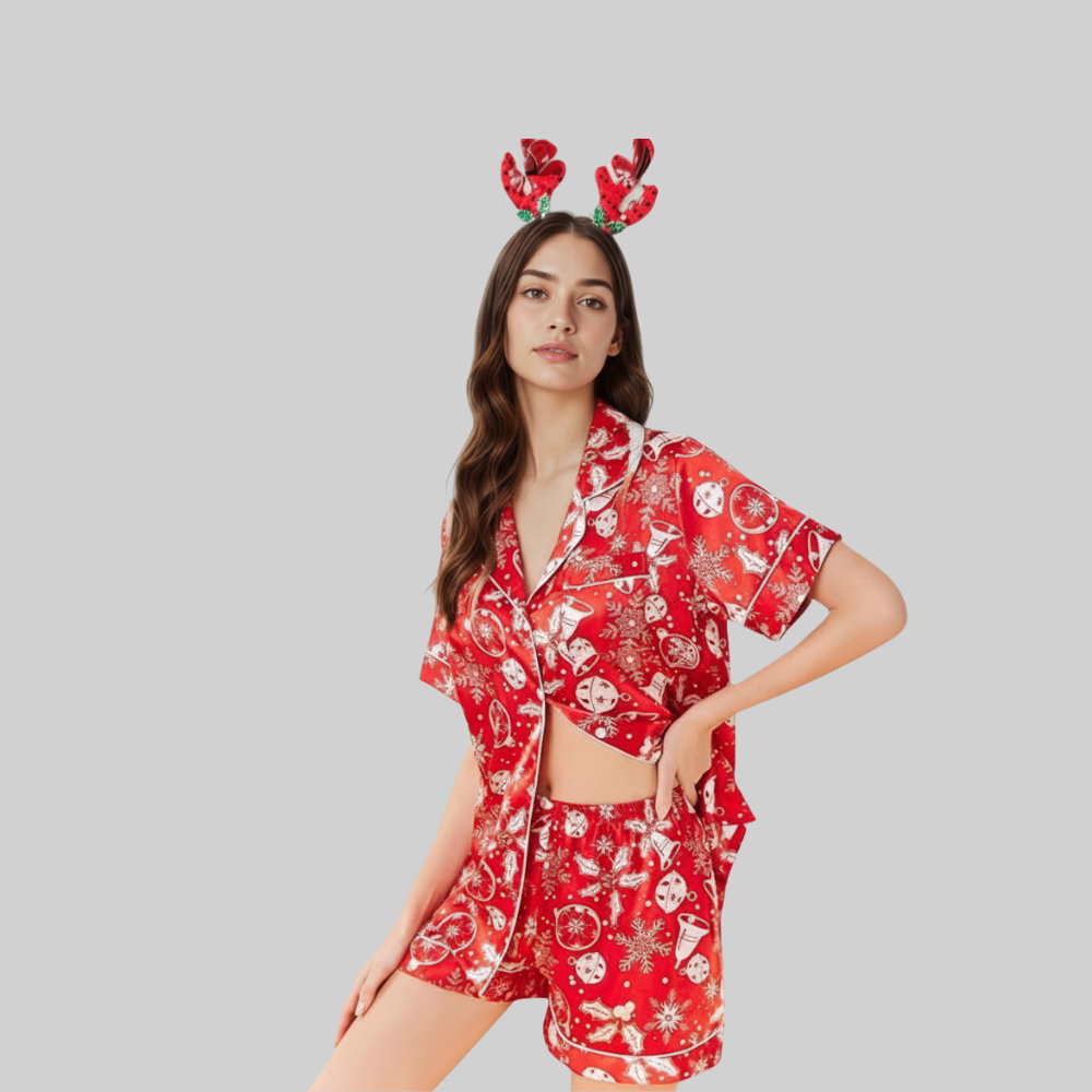 2 Pieces Satin Short Sleeve Sleepwear Set