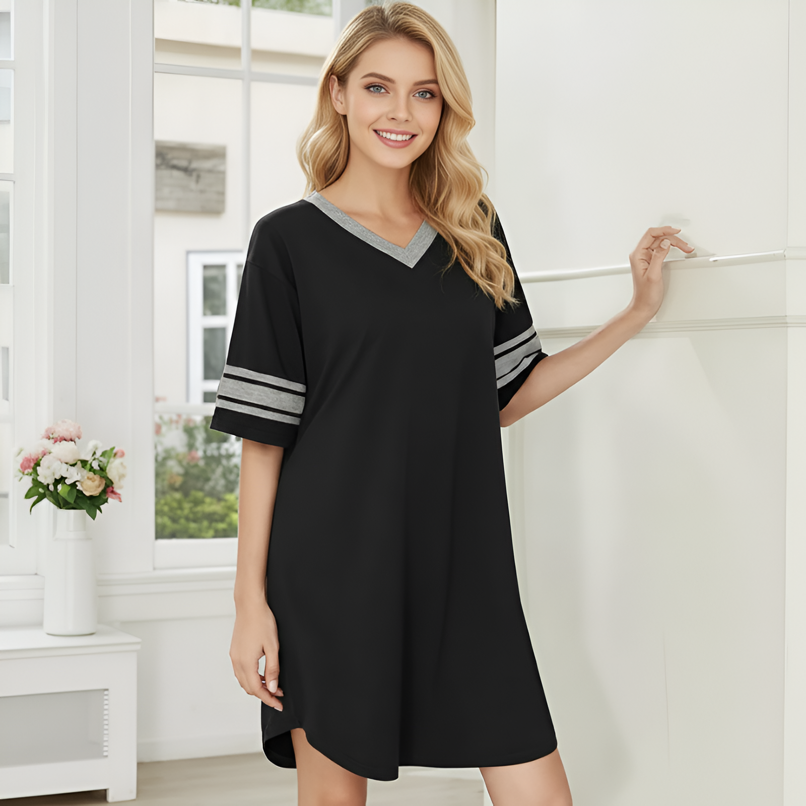 Nightgown Sleepwear With Short Sleeves And Color Block For Women