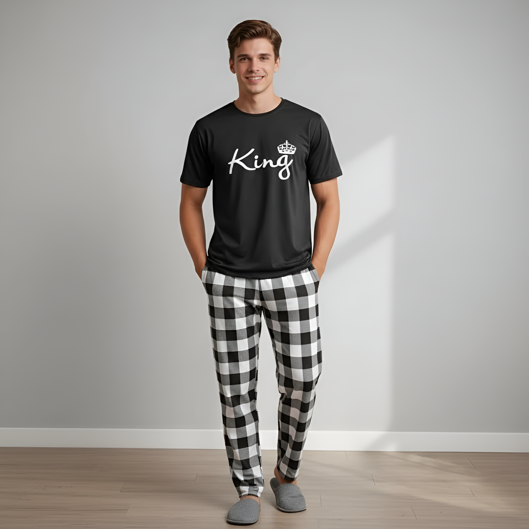 Letter Print Top Plaid Pants Set