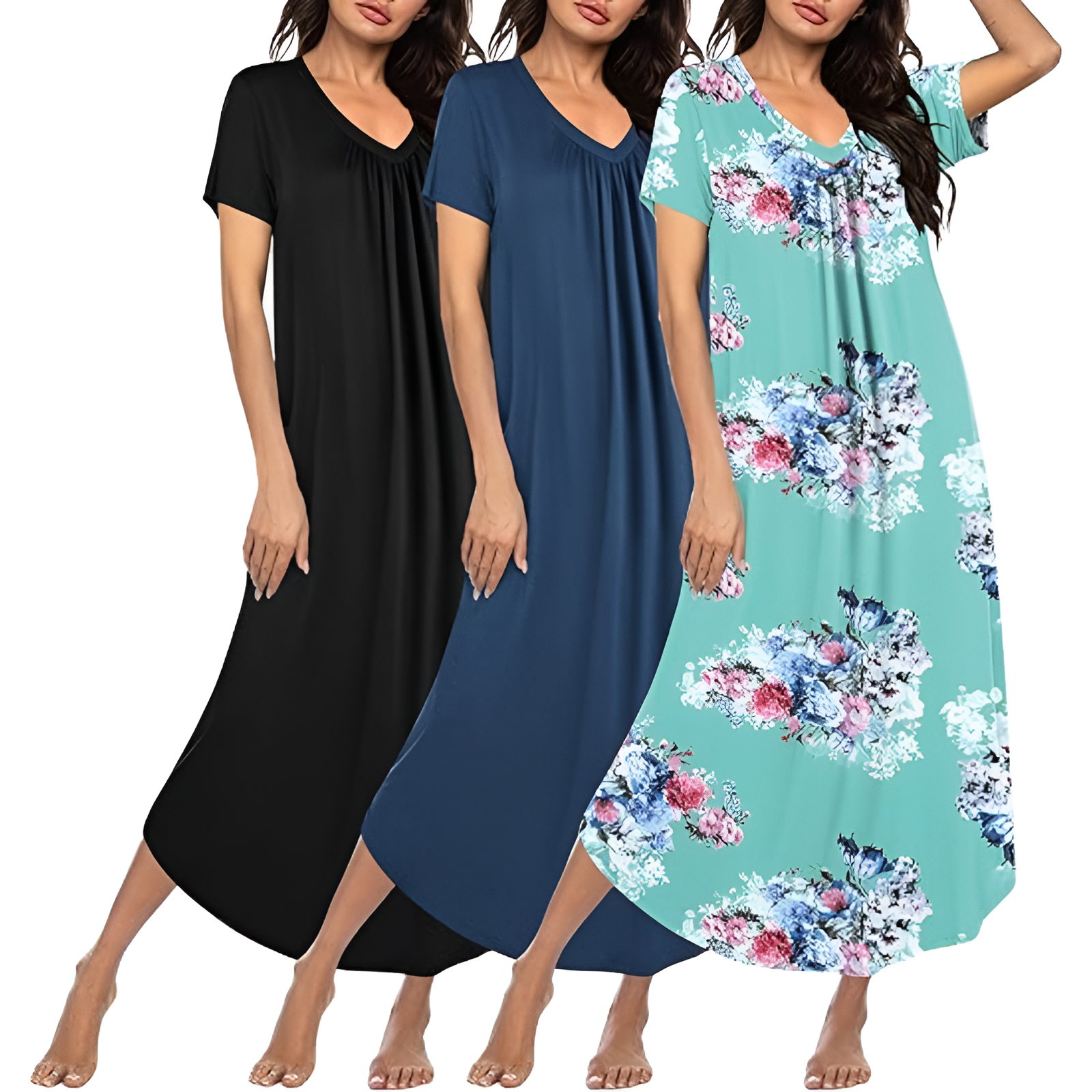 Pack Of 3 Long Nightgowns For Women With Short Sleeves