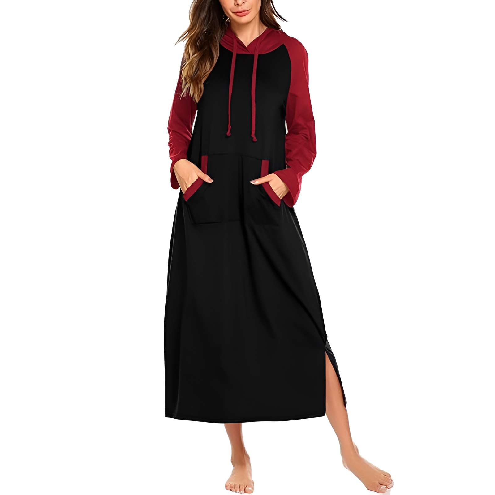 Hooded Nightgown Long Sleeve Full Length Loungewear With Pocket For Women