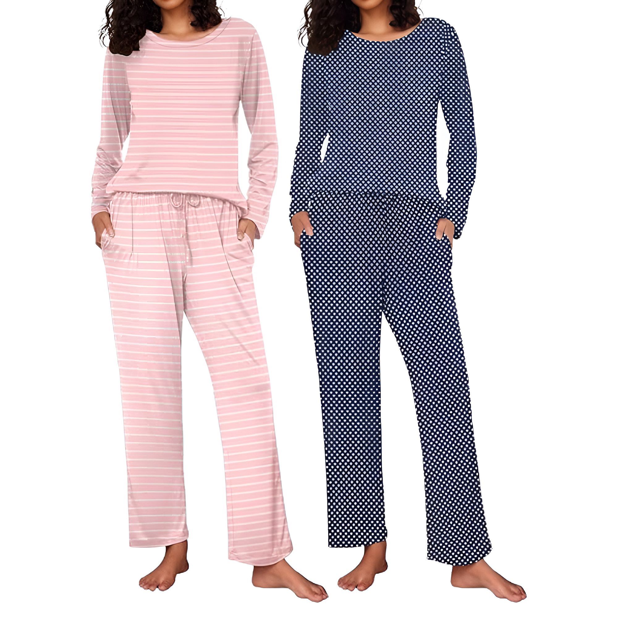 2 Pack Of Long Sleeve Lounge Pajama Sets With Pockets