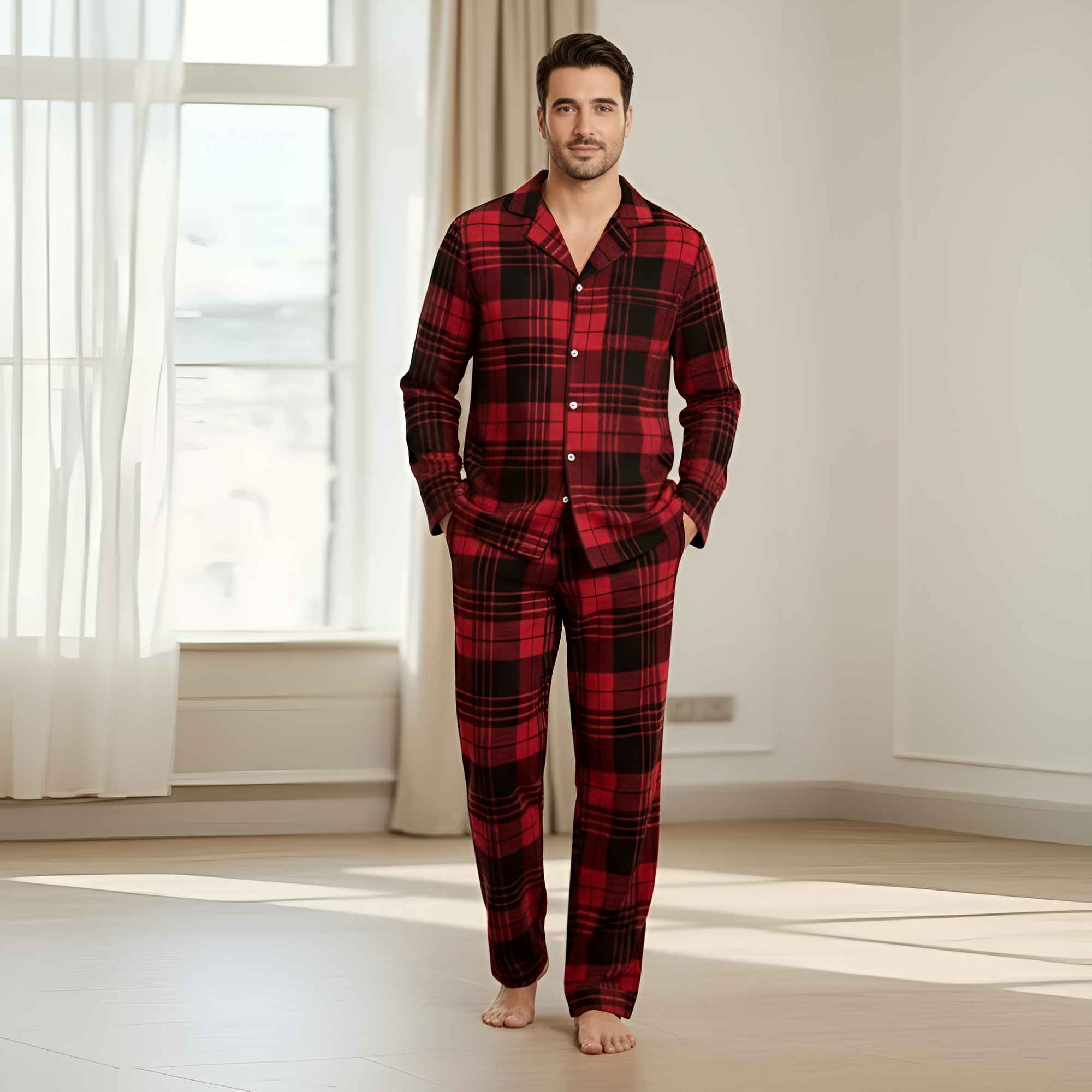 ouple Style Pajamas,Men's Or Women's Sleepwear Homewear,Valentine's Day Plaid Casual Lapel Top and Pants