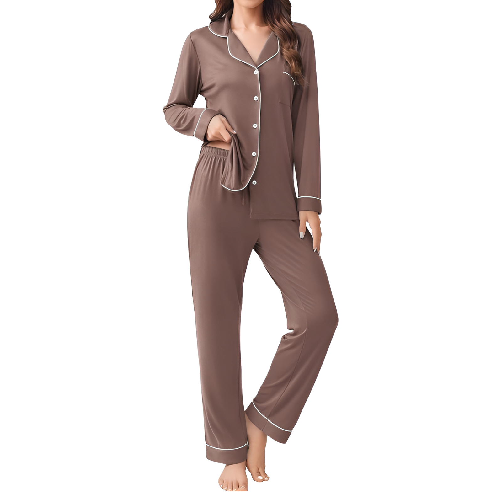 Long Sleeve Button Front Top Two Piece Pajama Set With Pants For Women