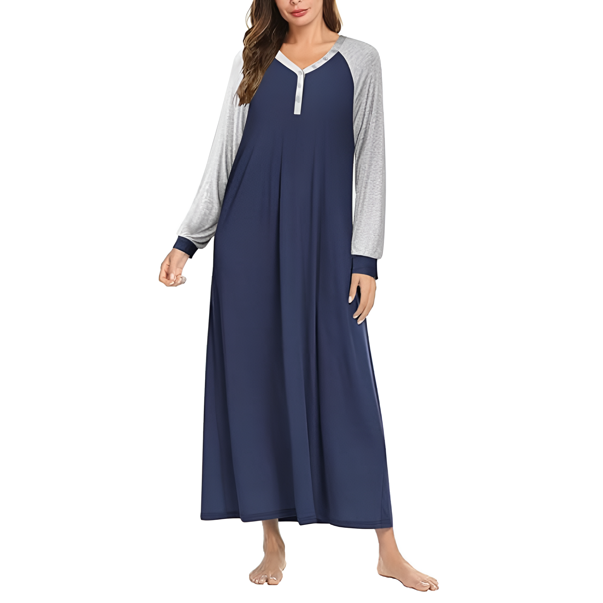 Long Sleeve Plaid Nightgown Button Front Sleep Dress For Women