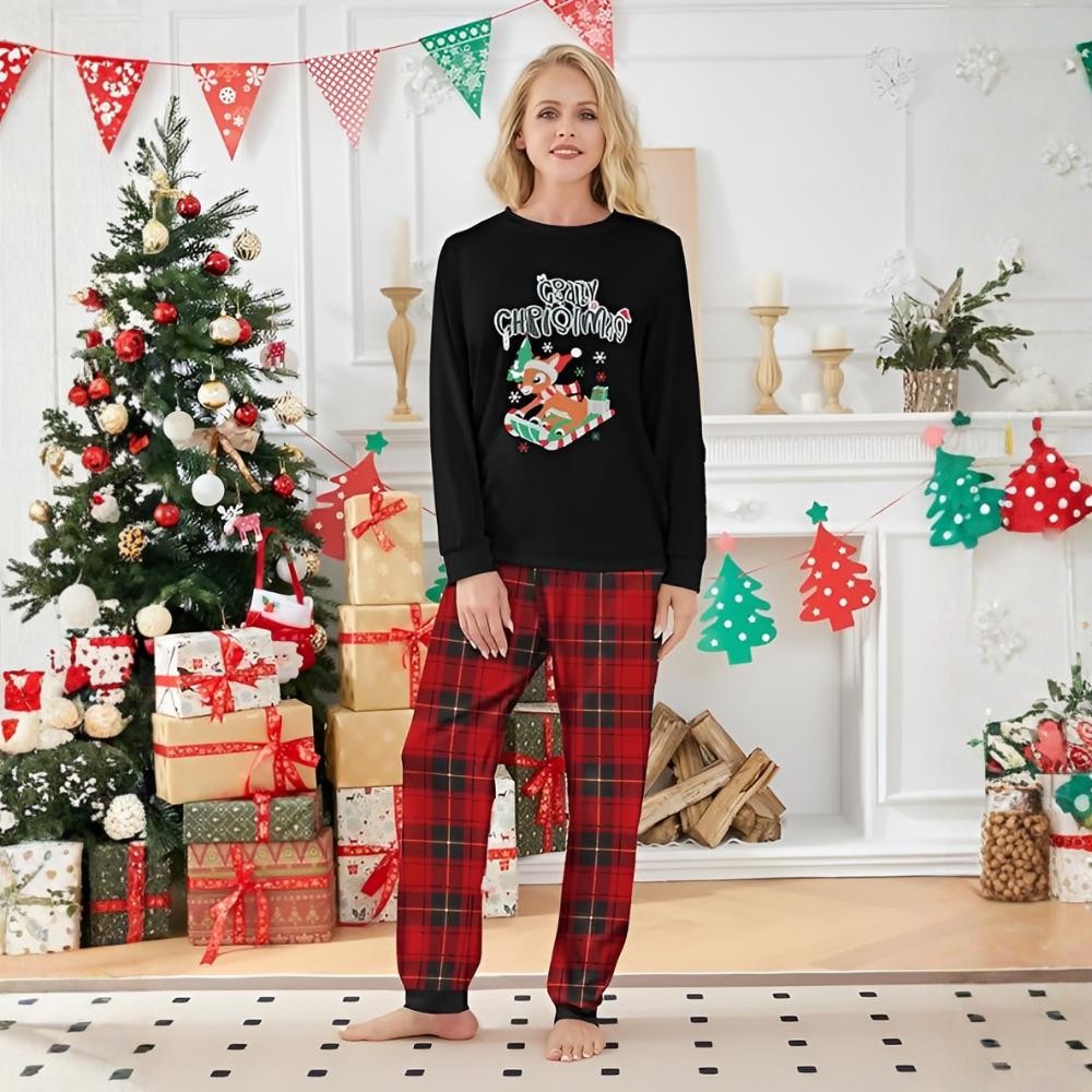 Reindeer Sleigh Merry Christmas Printed Family Matching Plaid Pajama Set