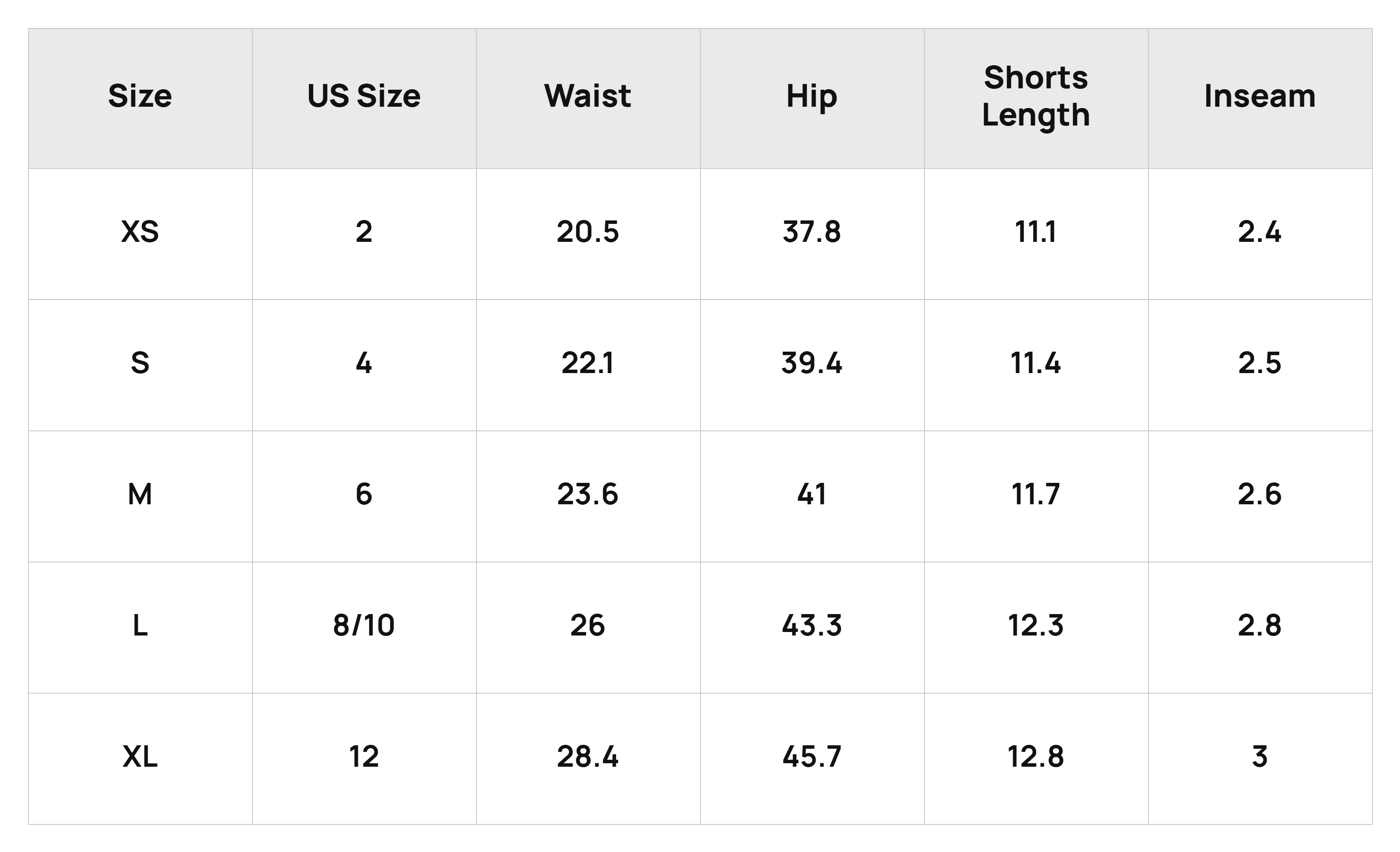 Size Chart Bottoms Product Size Chart