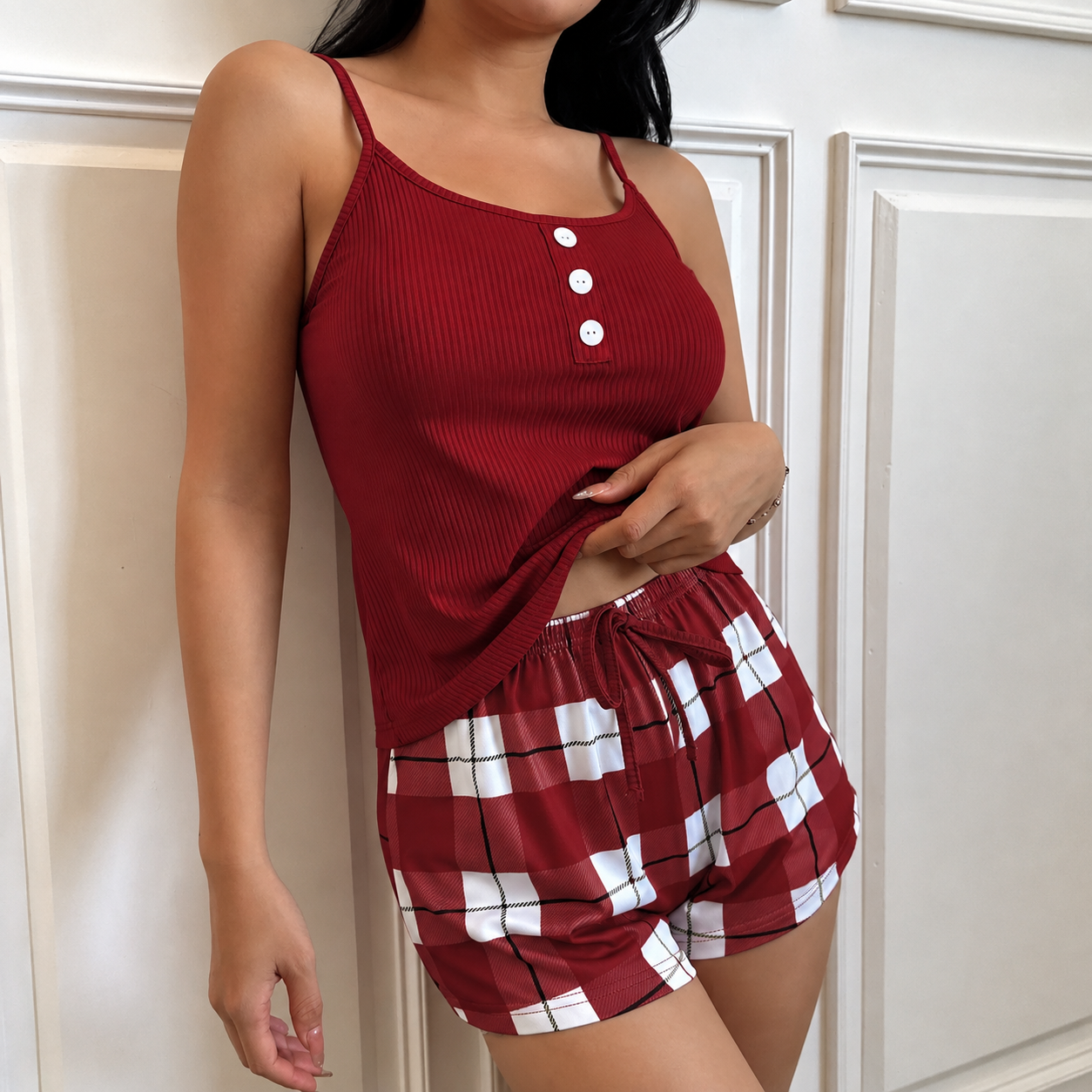 2 Pieces Cami Top And Plaid Shorts Sleepwear For Women