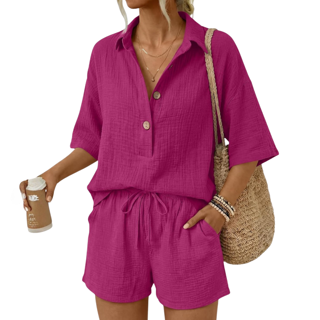 Linen Short Sleeve Summer Vacation Beach Short Sets For Women
