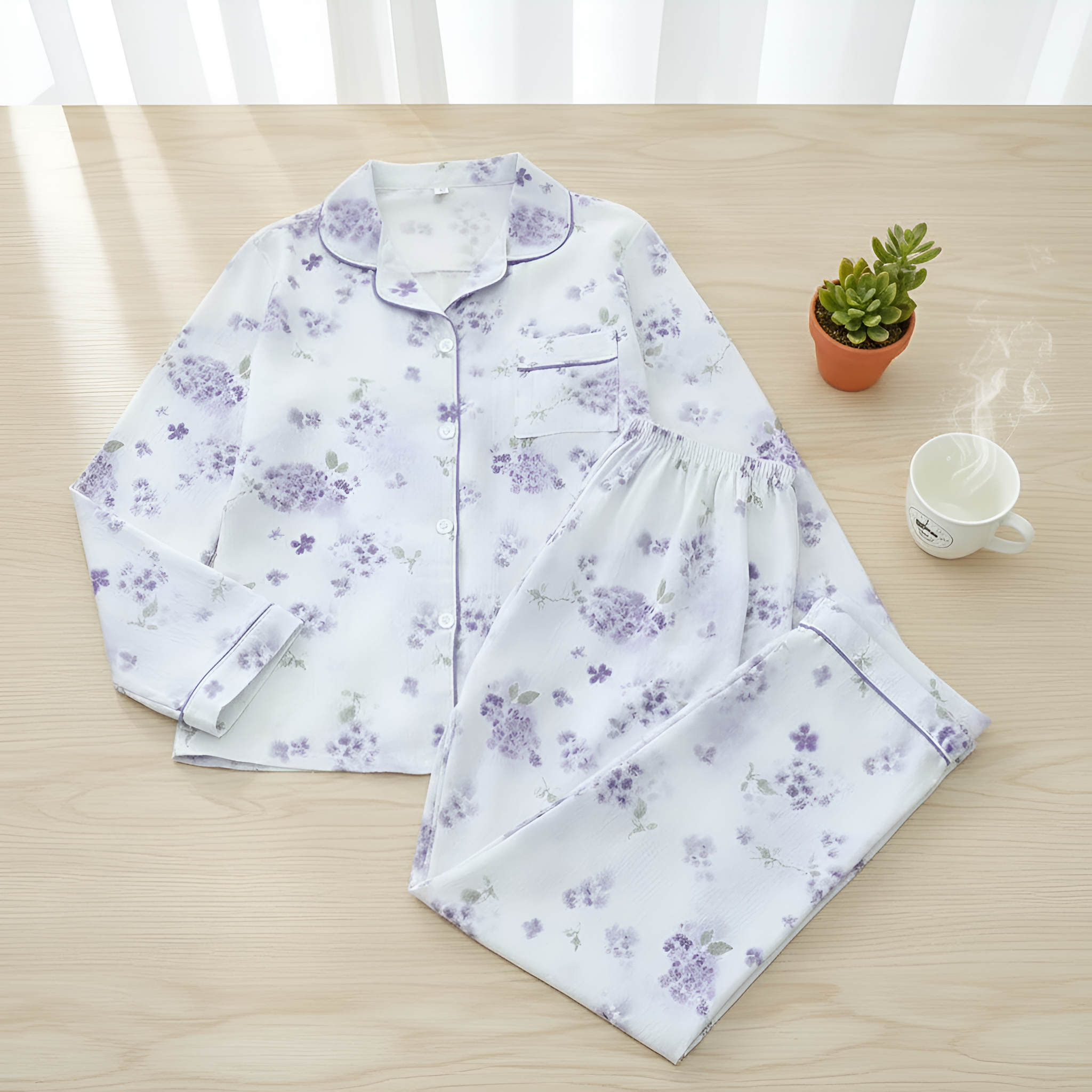 Printed Long Sleeve Pajama Set With Button Details For Women With Lapel Pocket