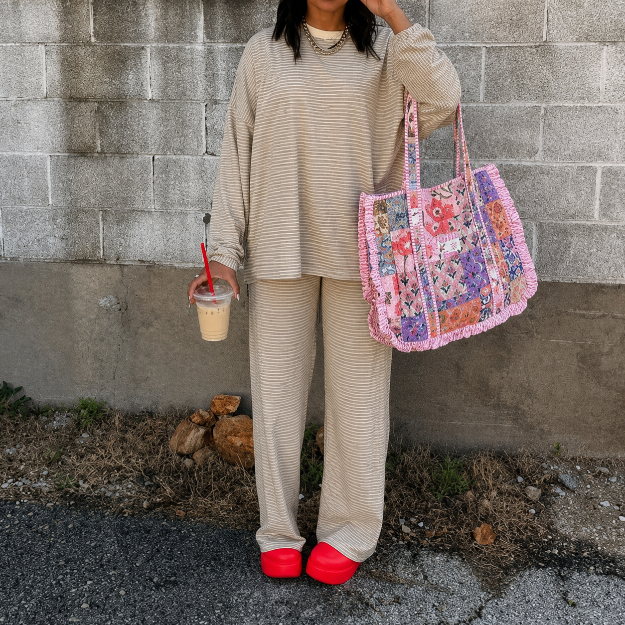 2 Pieces Wide Oversized Long Striped Cotton Loungewear For Women