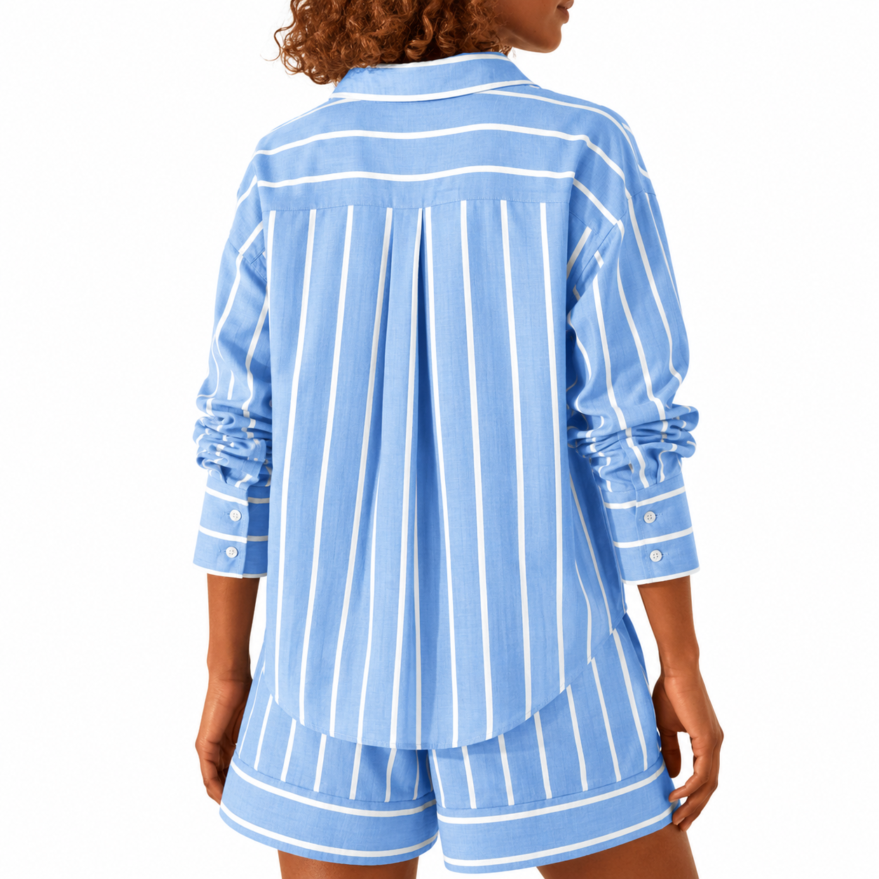 Striped Sleeve Down Collared Shirt Sets For Women