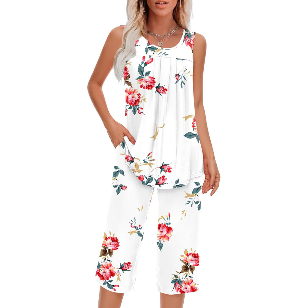 2 Piece Pajama Set Soft Summer Sleeveless Tank Top And Pants With Pockets For Women