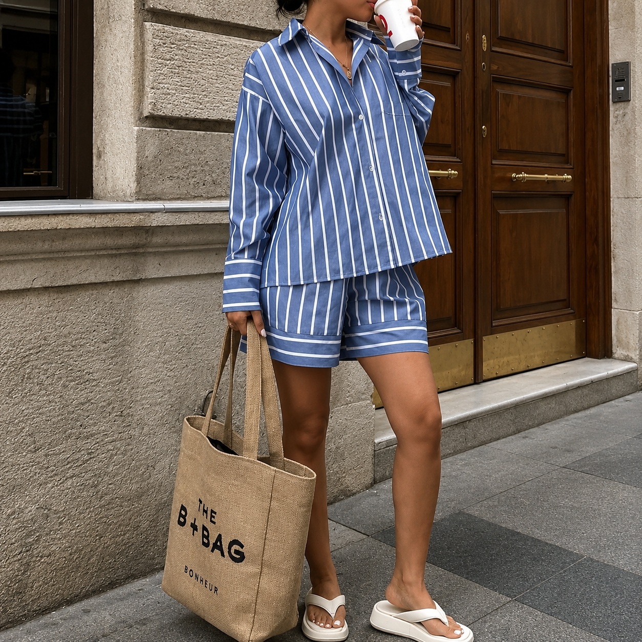 Striped Sleeve Down Collared Shirt Sets For Women