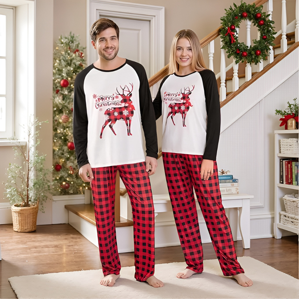 Plaid Reindeer Merry Christmas Printed Family Matching Pajama Set