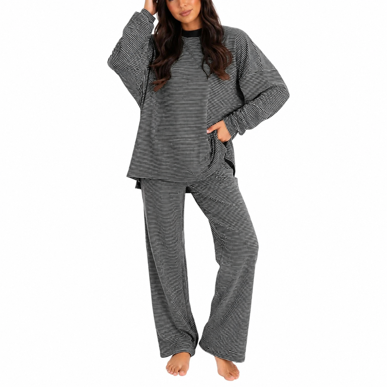 2 Pieces Wide Oversized Long Striped Cotton Loungewear For Women