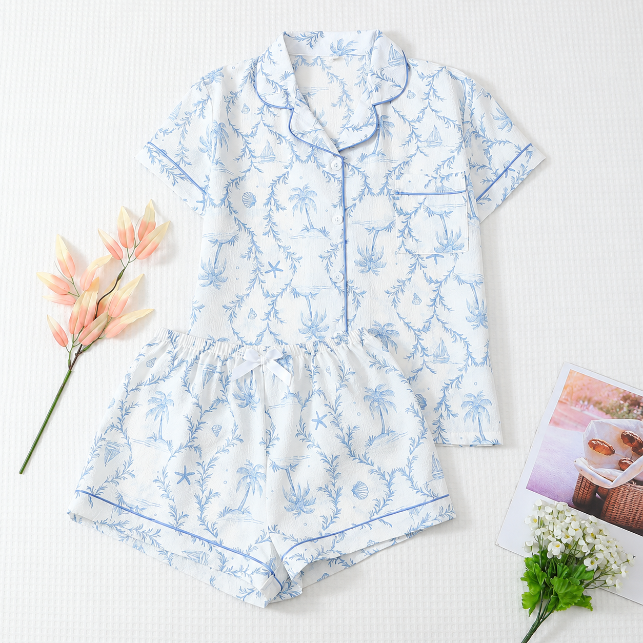 Two Piece Coconut Tree And Boat Print Shorts Pajama Set For Women