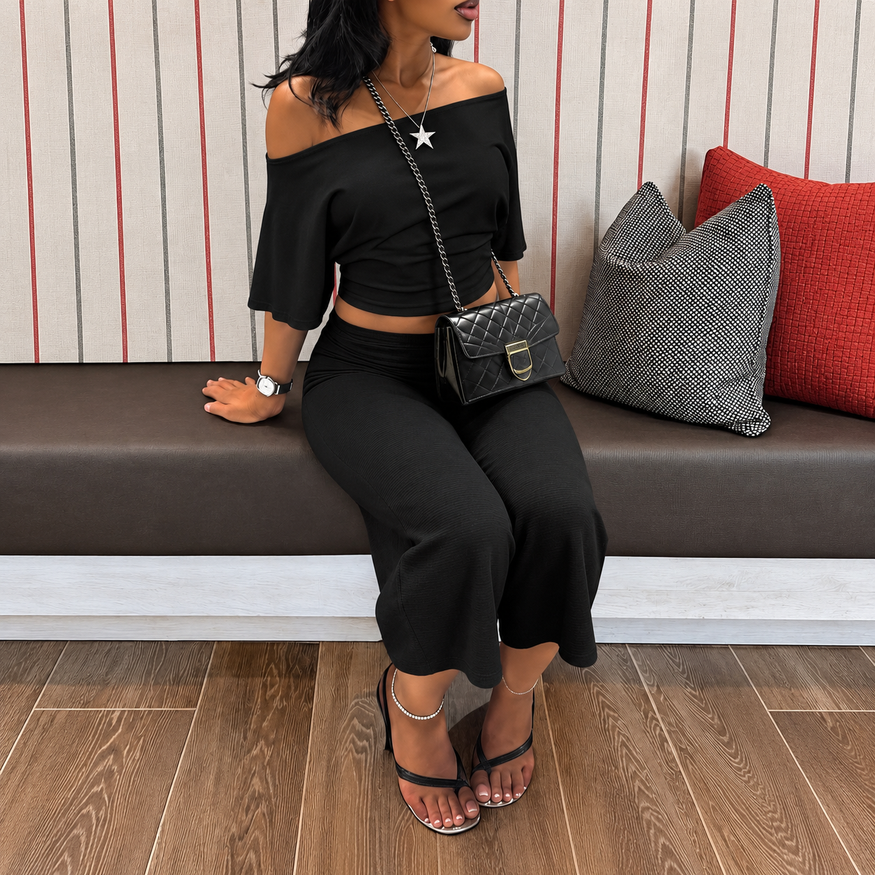 Asymmetrical Cropped T Shirt and Wide Cut Capri Pants 2 Piece Casual Set for Women