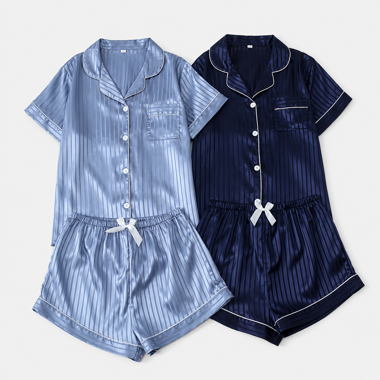 Two Piece Striped Satin Button Top And Shorts Pajama Set For Women