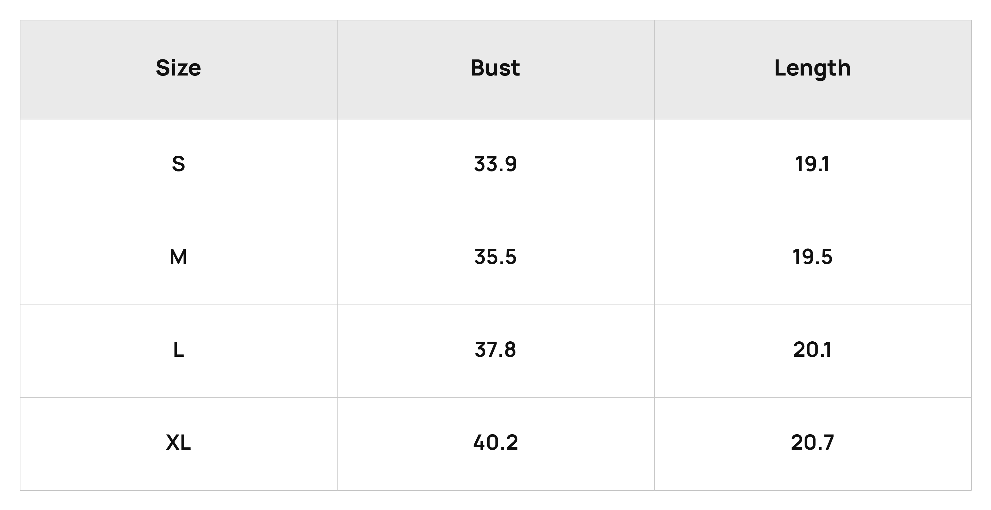 Size Chart Tops Product Size Chart