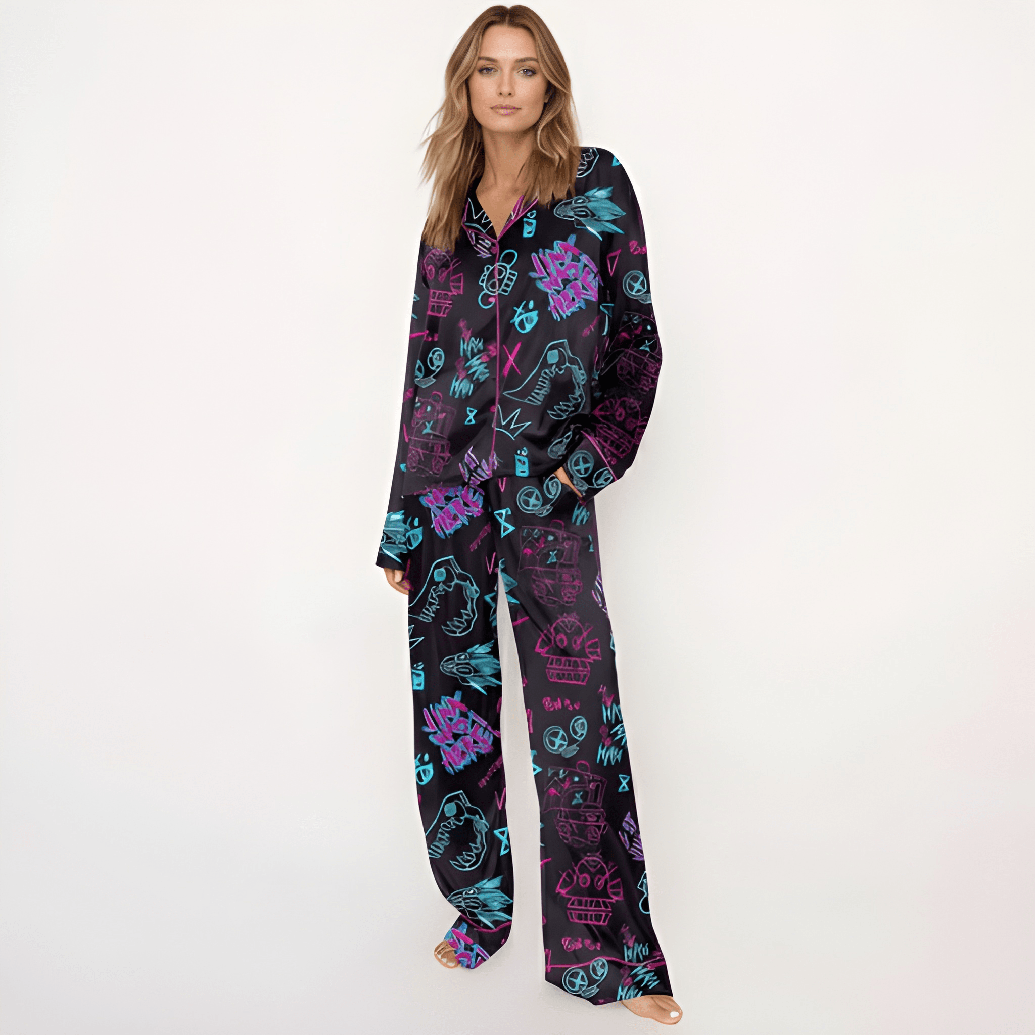 2 Piece Graphic Printed Pajama Set For Women