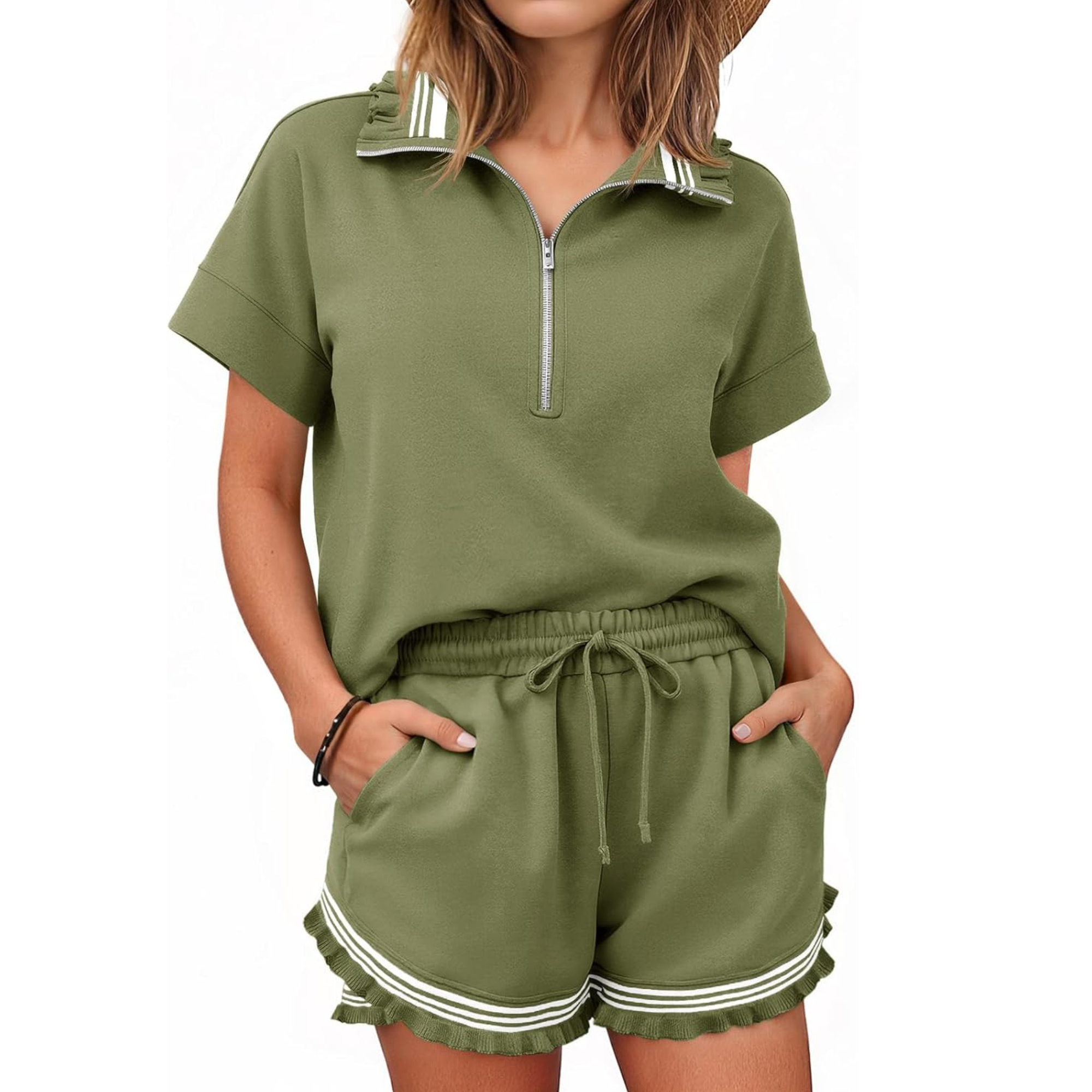 Summer Half Zip Ruffle Top Short Set For Women