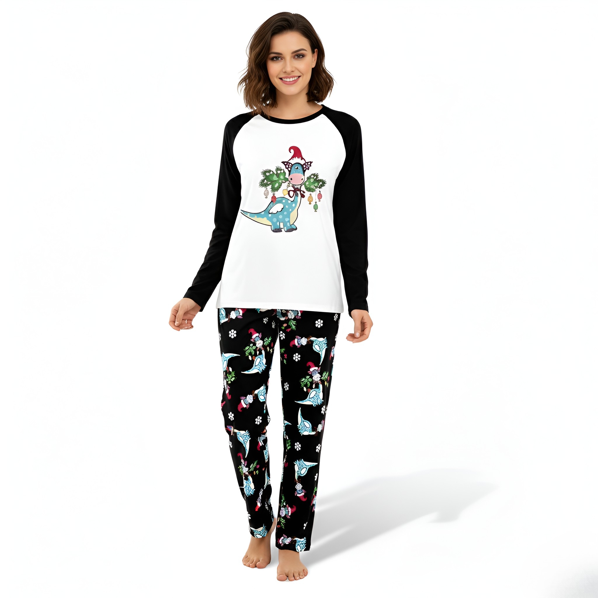 Santa Hat Dinosaur Printed Family Matching Christmas Pajama Set