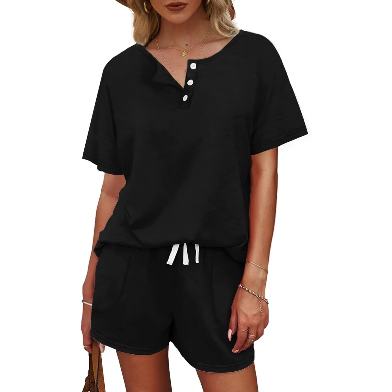 Two Piece Lounge Set with Button Down Top And Shorts