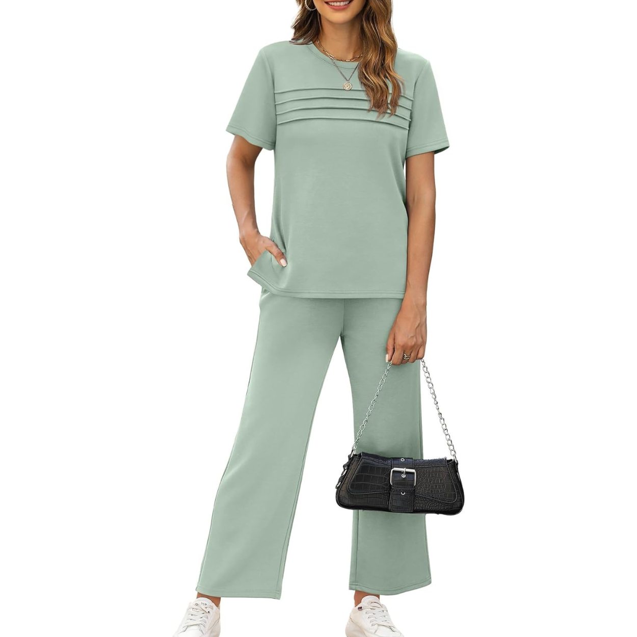 Two Piece Travel Set with Wide Length Pants For Women