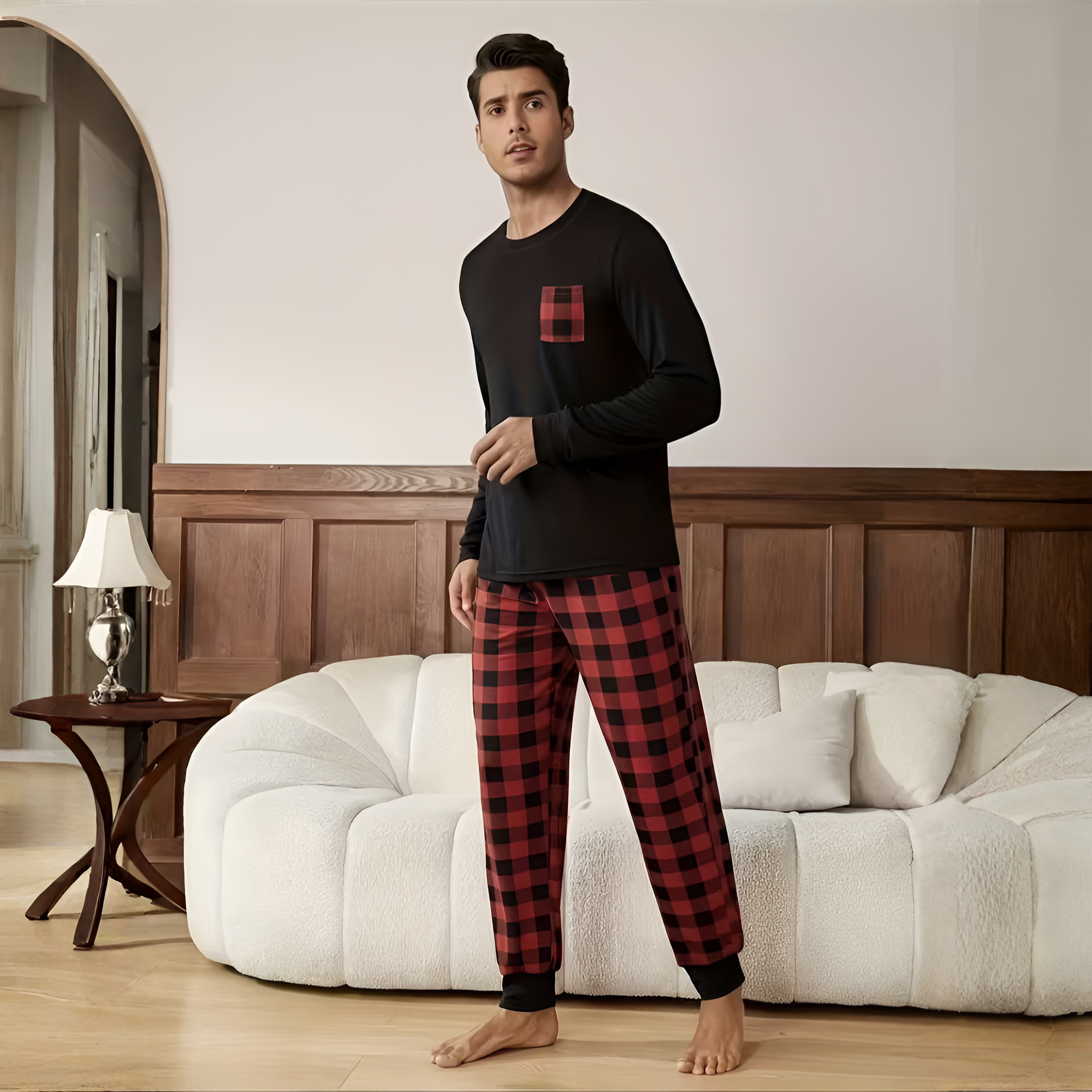Plaid Designed Lounge Pajama Set For Couple With Pockets