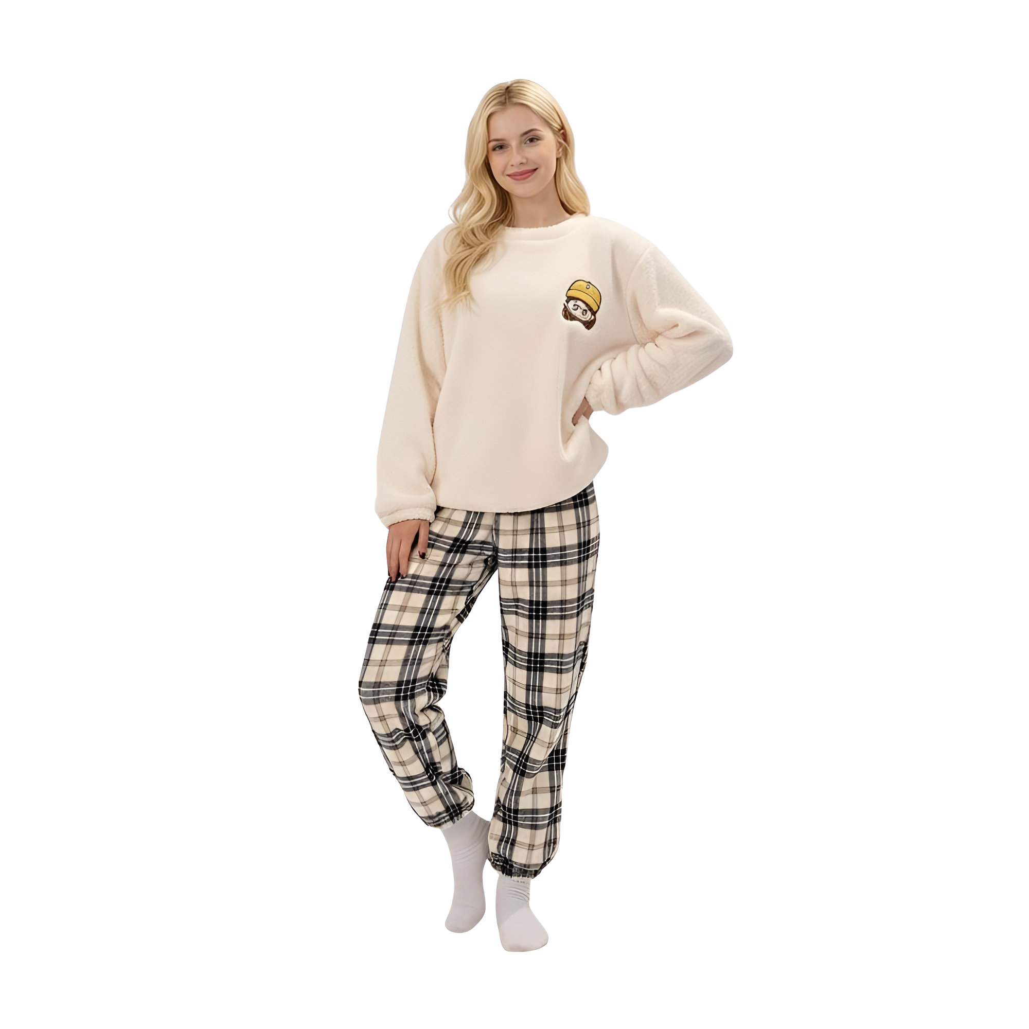 Embroidered Beanie Character Flannel Homewear Set