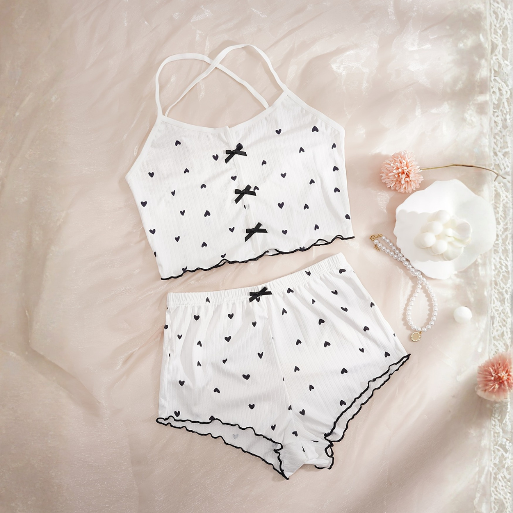 Cordate Printed Cross Strap Pajama Top And Shorts Set