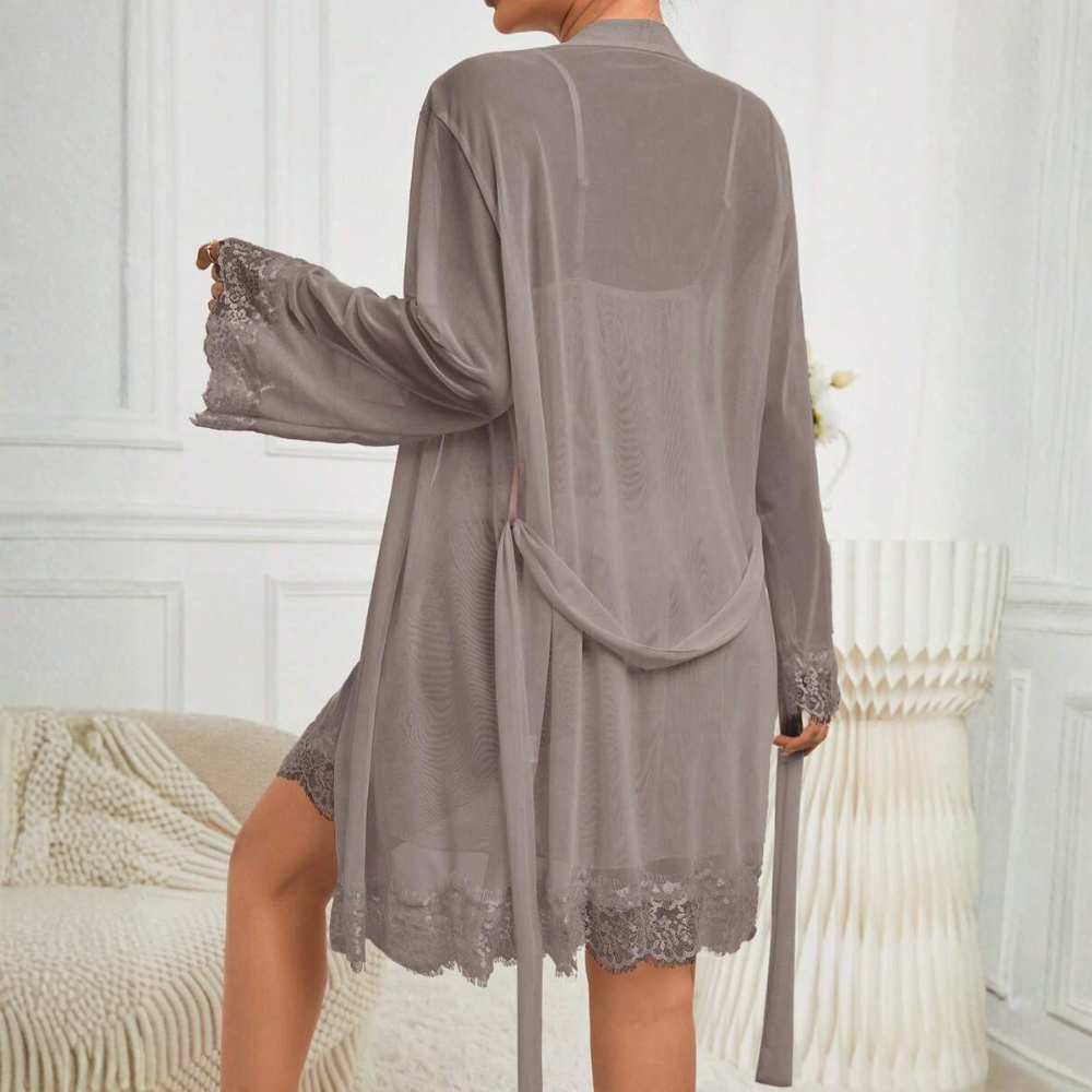 Contrast Lace Long Sleeve Robe And Camisole Sleepwear Set