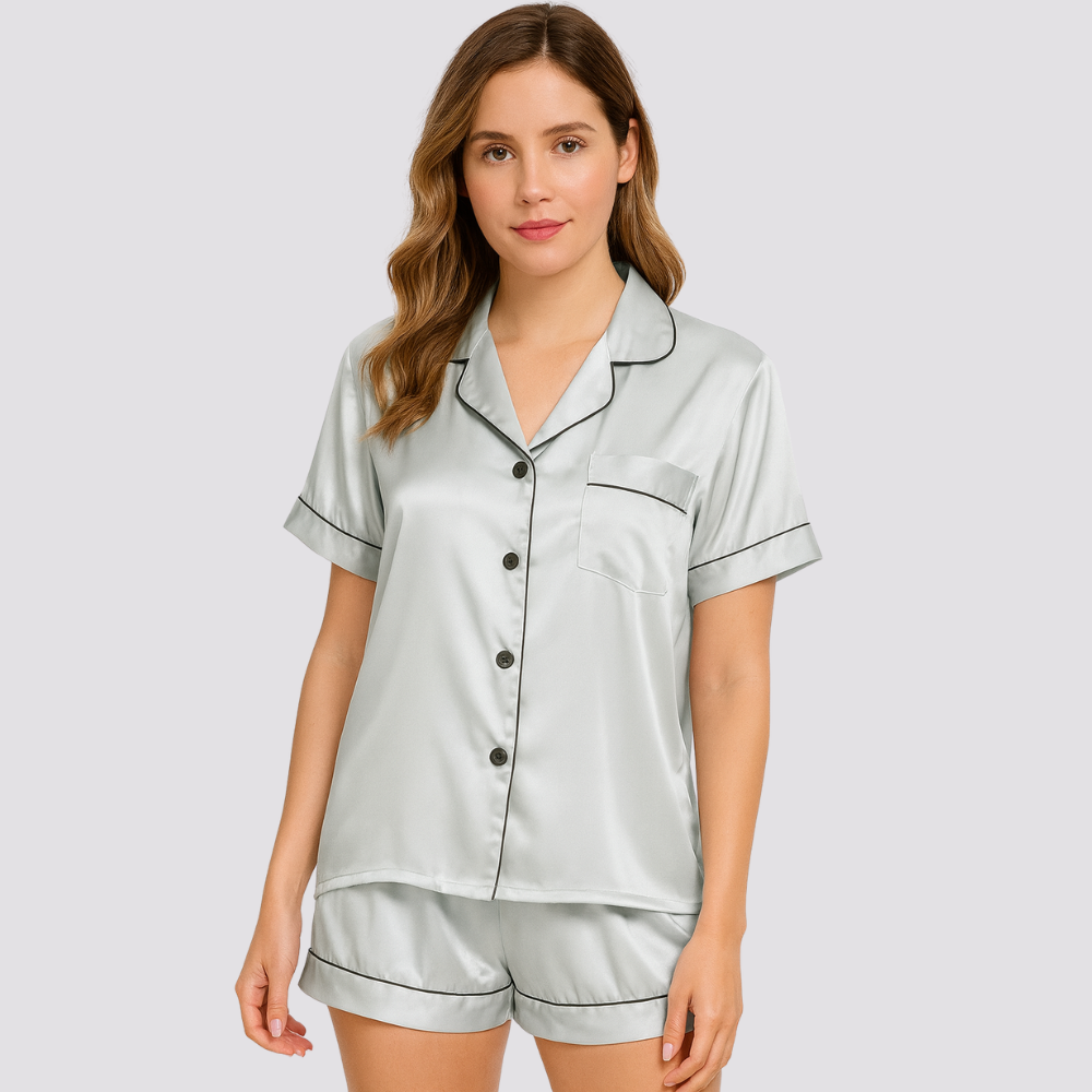 Womens Silk Satin Pajamas Short Sleeve Button Down Set