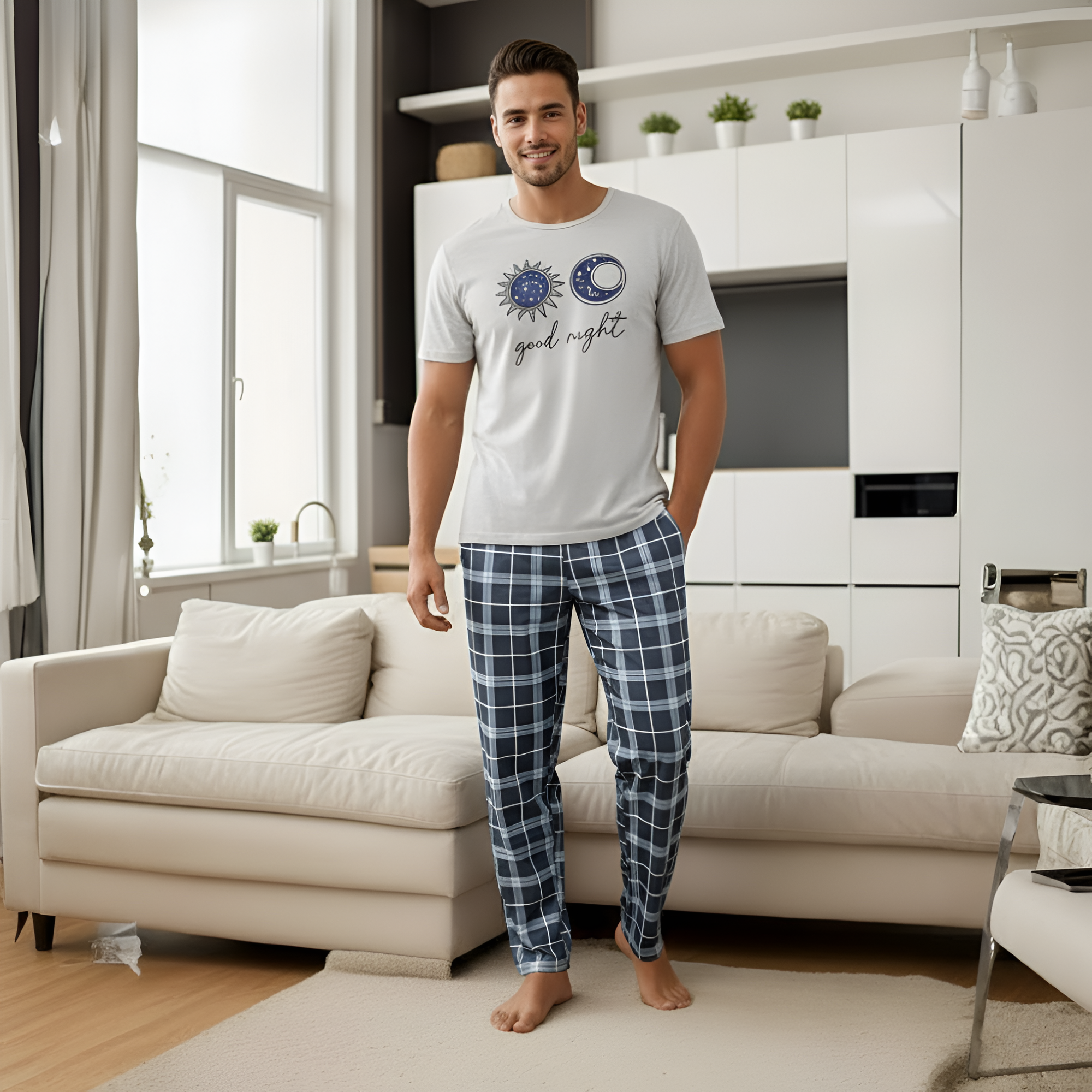 Couple Style Star And Moon Print Short-Sleeve And Long-Pants Loungewear Set