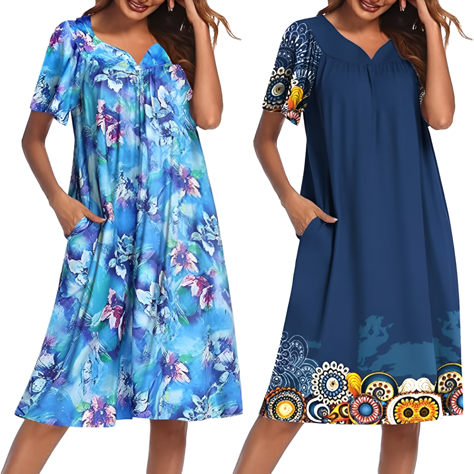 Pack Of 2 Casual House Dresses For Women With Pockets And Floral Print