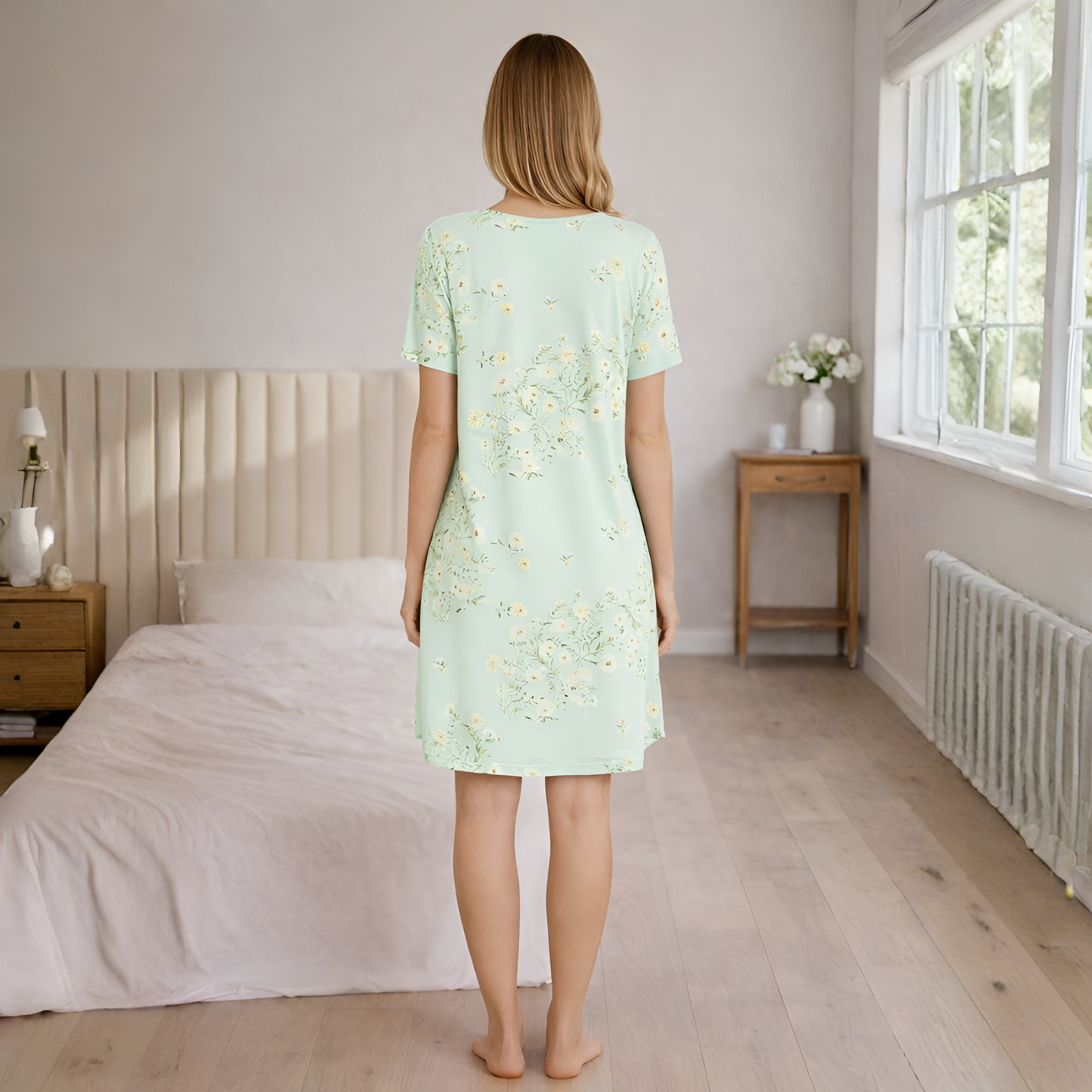 Nightgowns For Women With Pleated Sleep Shirt And Lace Trim