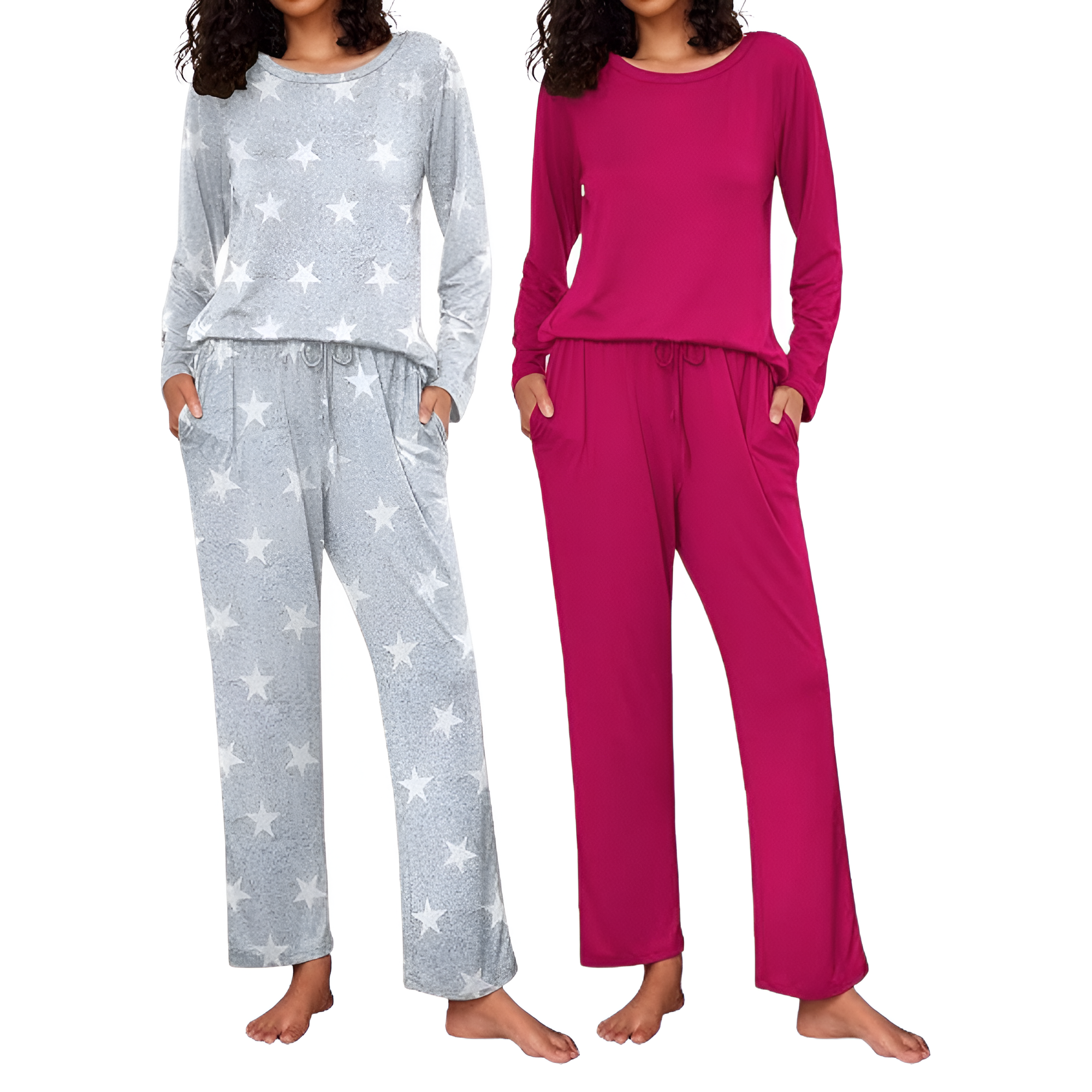 2 Pack Of Long Sleeve Lounge Pajama Sets With Pockets