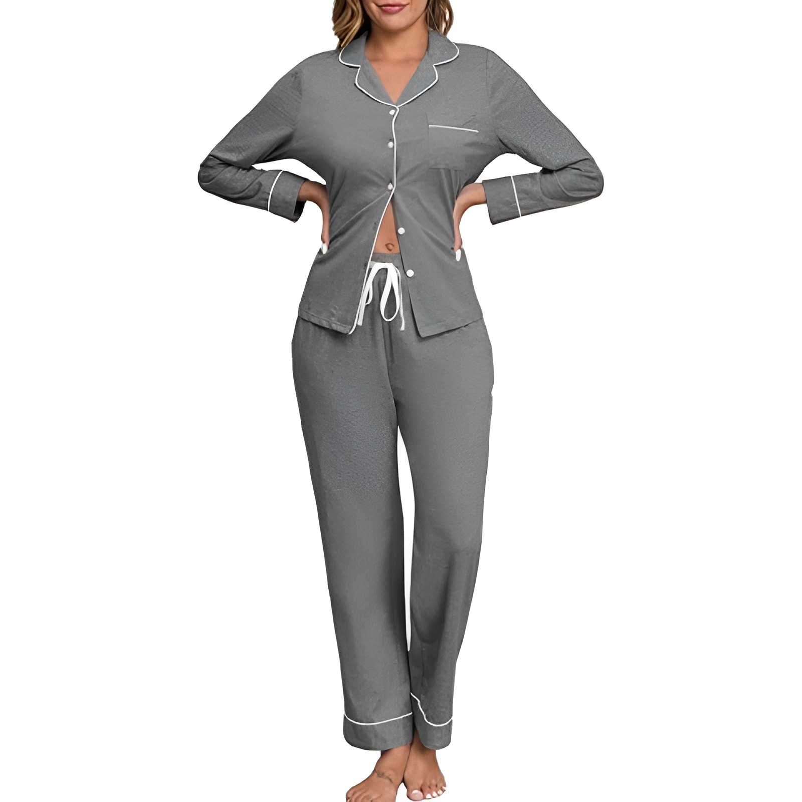 Long Sleeve Sleepwear Pajama Set With Button Down Design For Women
