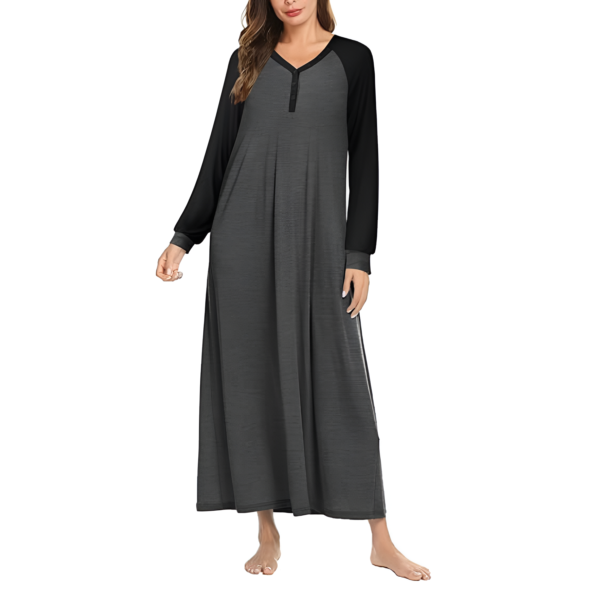Long Sleeve Plaid Nightgown Button Front Sleep Dress For Women