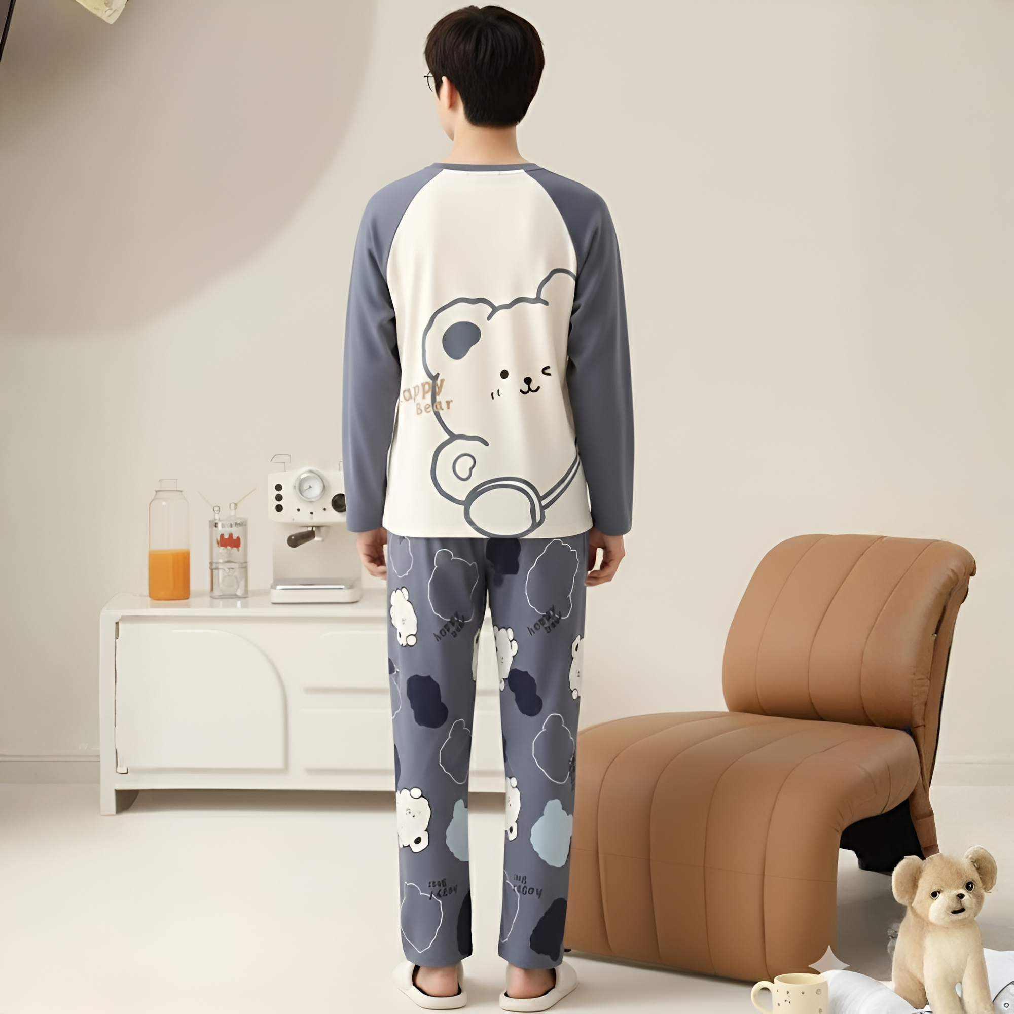 Couple Style Cartoon Bear Print Long Sleeve Long Pants Loungewear Set