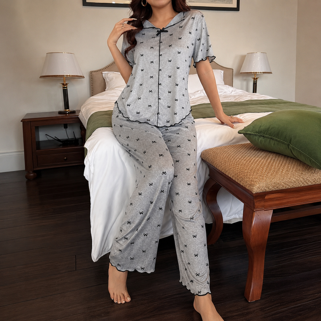 Two Piece Bow Print Lapel Pajama Top And Long Pants Set For Women