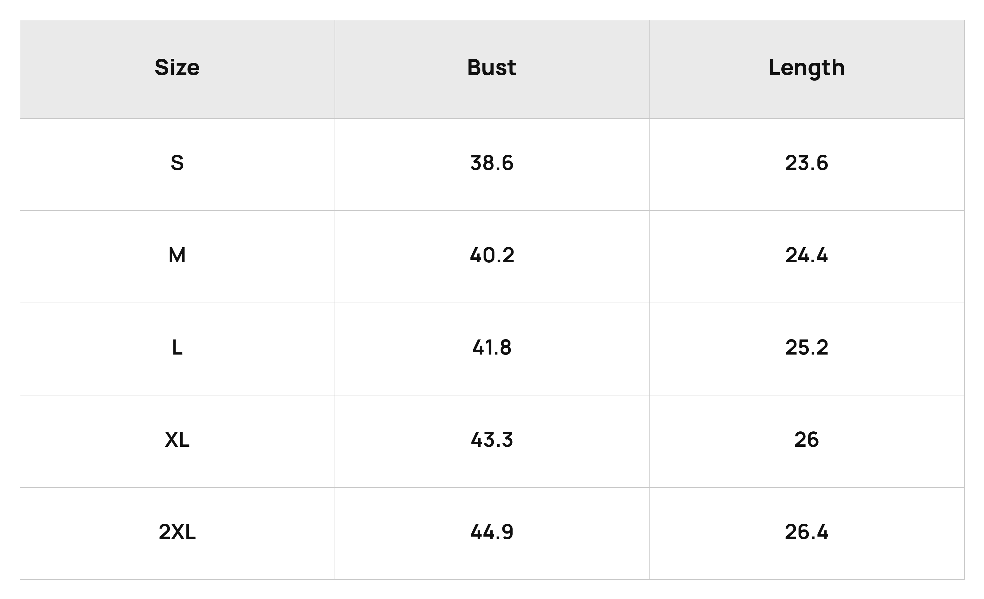 Size Chart Tops Product Size Chart