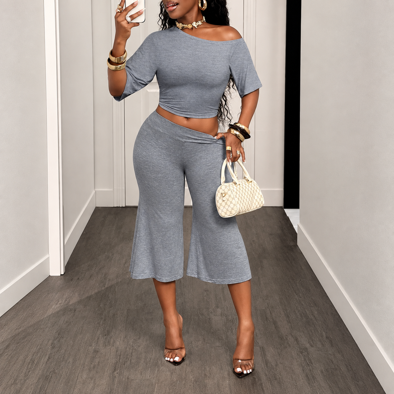 Asymmetrical Cropped T Shirt and Wide Cut Capri Pants 2 Piece Casual Set for Women