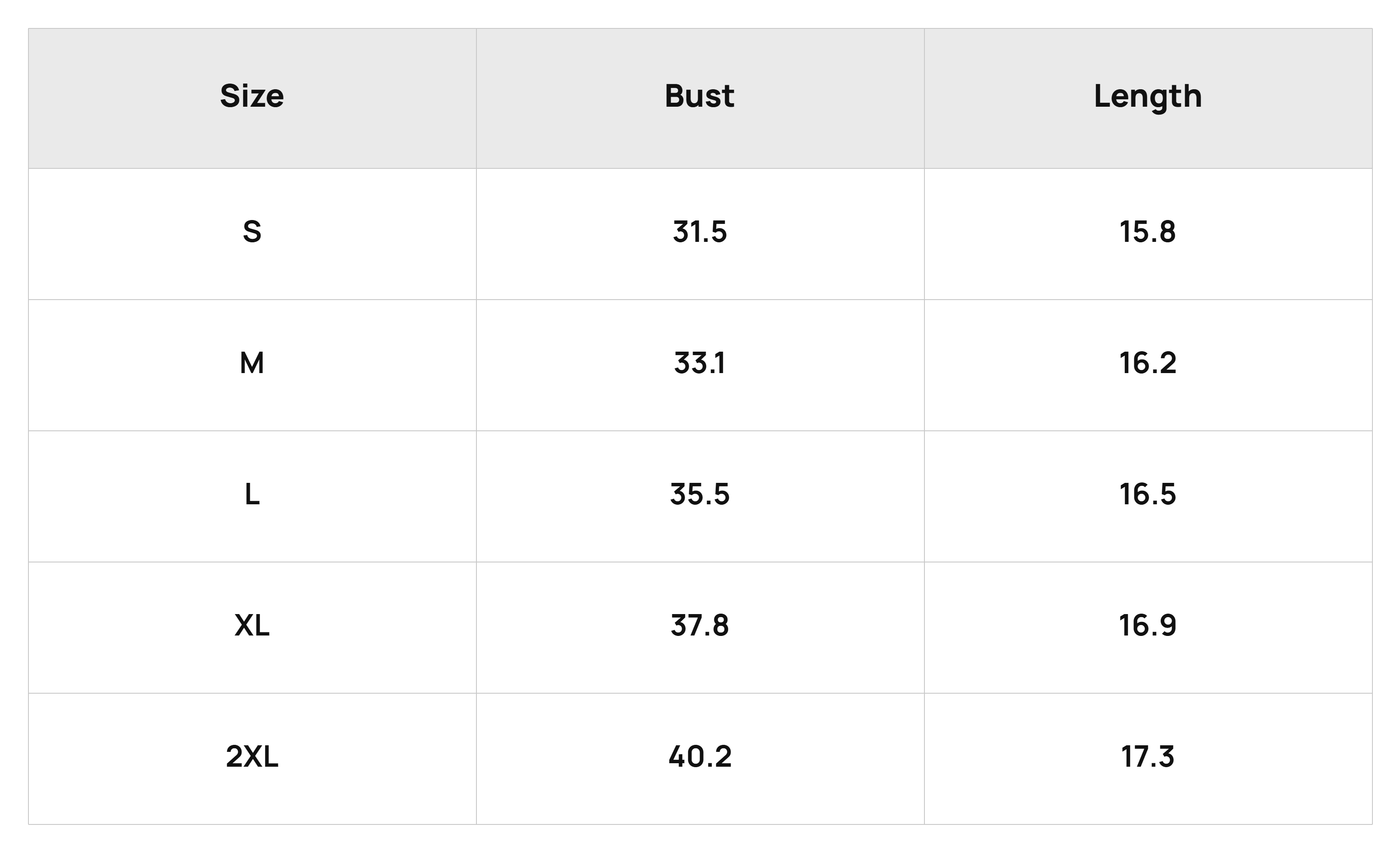 Size Chart Tops Product Size Chart